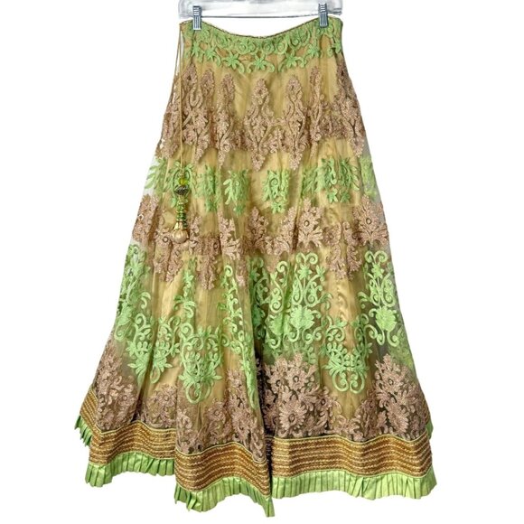 Vintage Embroidered Maxi Skirt Tassel-Detail Green & Gold Lace Indian Party XS/S - Picture 1 of 6